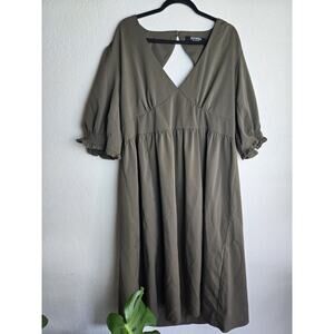 Disturbia Olive Green Open Back Midi Dress with Puff Sleeves Size 16 NWOT